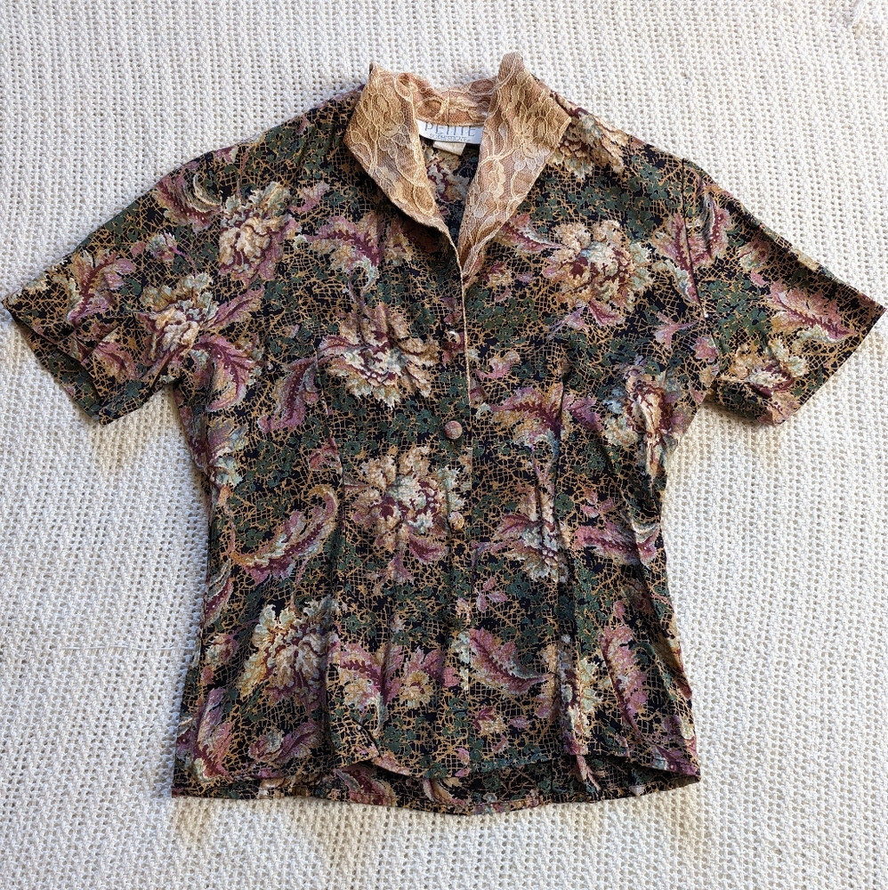 Vintage Petite Sophisticate Short Sleeve Top Lace Collar Floral Women's Medium